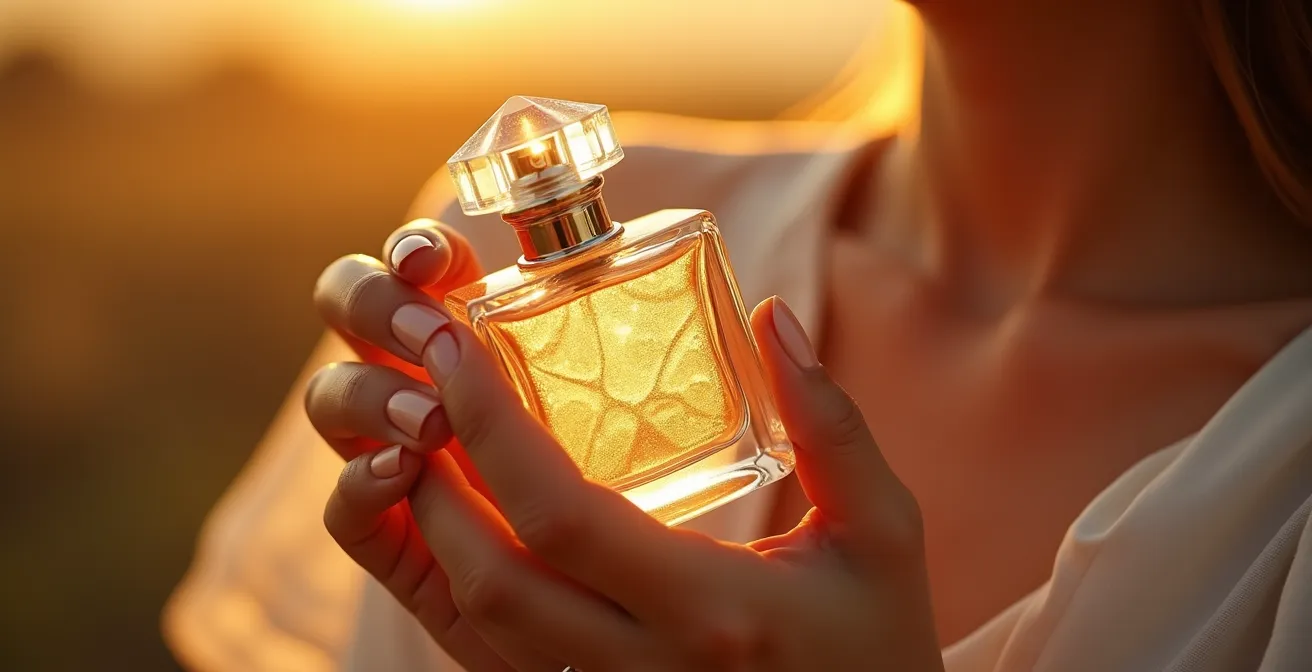 Gros plan sur des mains féminines tenant un flacon de parfum précieux dans une lumière dorée