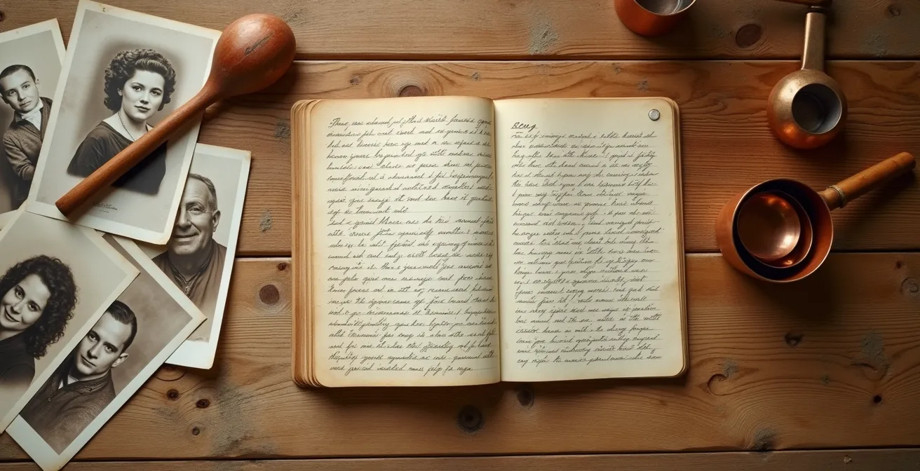 Vue plongeante sur une table avec un cahier de recettes manuscrit jauni, des photos sépia et des ustensiles vintage