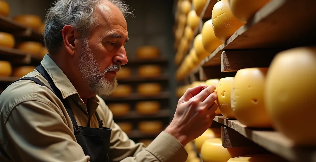 Portrait d'un artisan fromager dans sa cave d'affinage traditionnelle entouré de meules de fromage