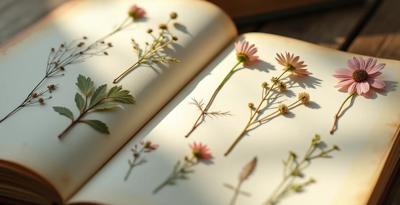 Carnet d'explorateur avec croquis de plantes sauvages et notes manuscrites sur les produits du terroir