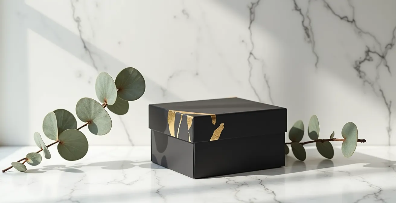 Boîte cadeau minimaliste avec finitions mates et dorures sélectives
