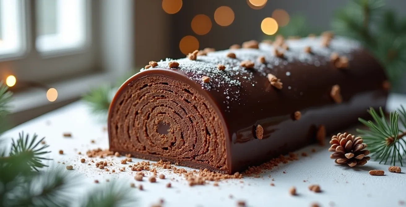 Bûche de Noël élégamment dressée dans un décor hivernal minimaliste