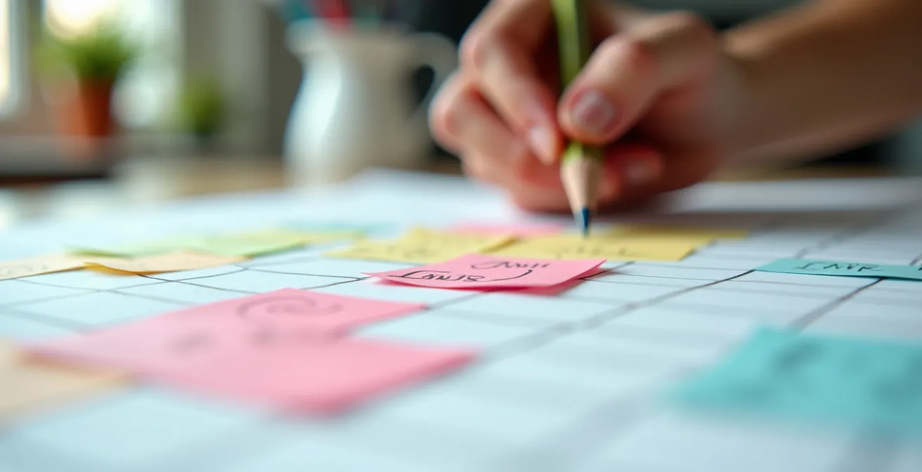 Vue macro d'un calendrier familial avec des marquages colorés pour les rituels culinaires