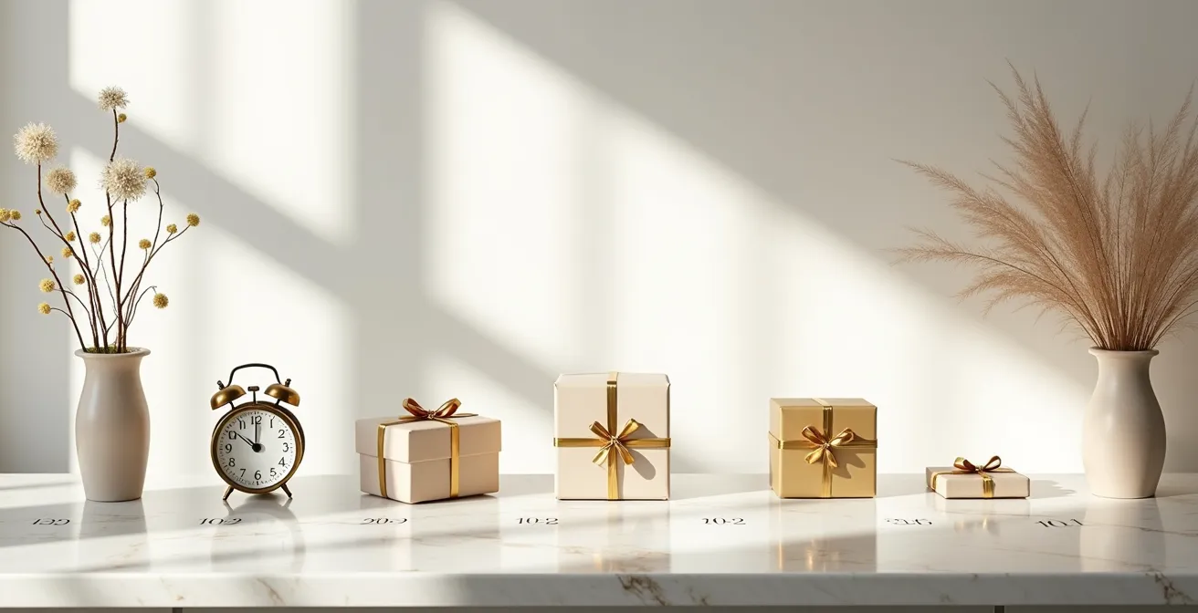 Chronologie visuelle des moments optimaux pour offrir un coffret de mariage