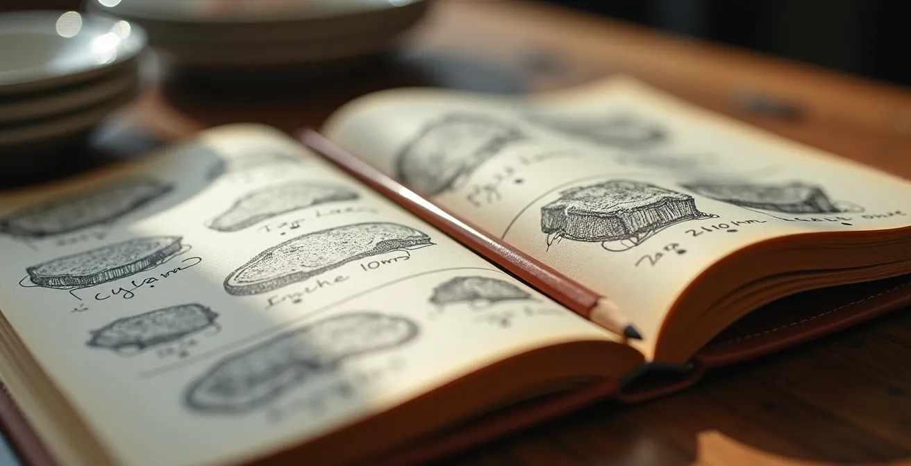 Carnet de notes ouvert avec croquis de techniques et annotations manuscrites sur table en bois