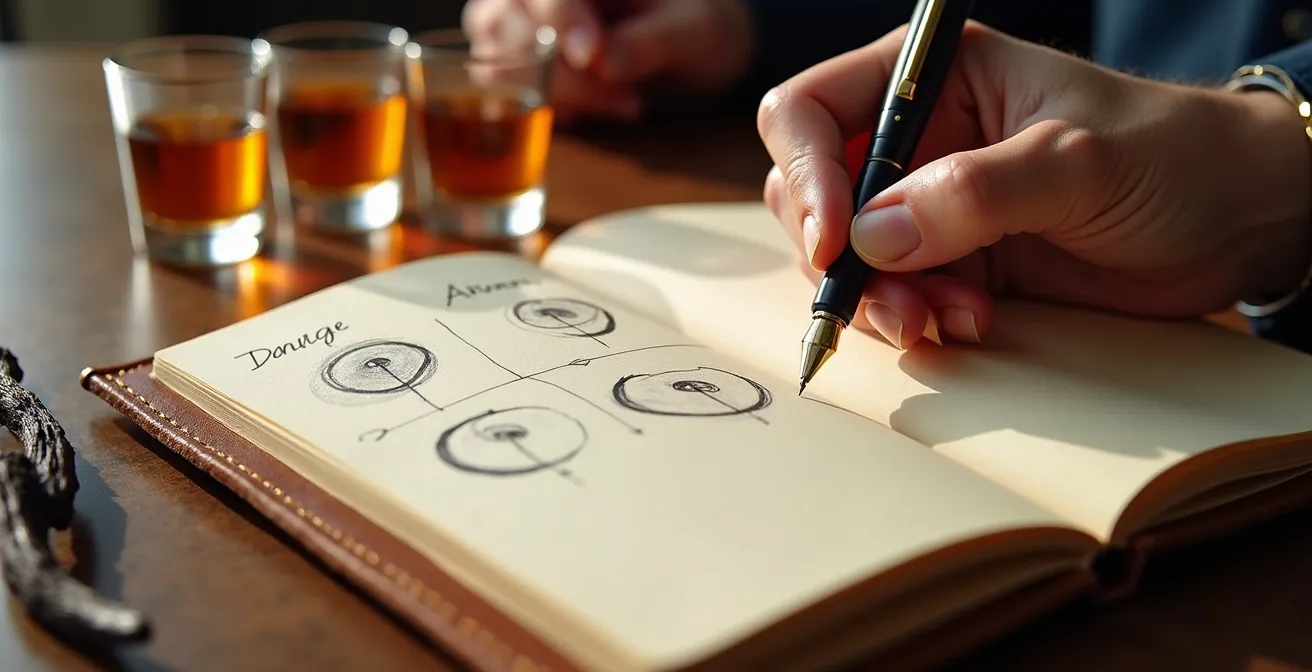 Carnet de dégustation ouvert avec notes manuscrites et roue des arômes personnalisée