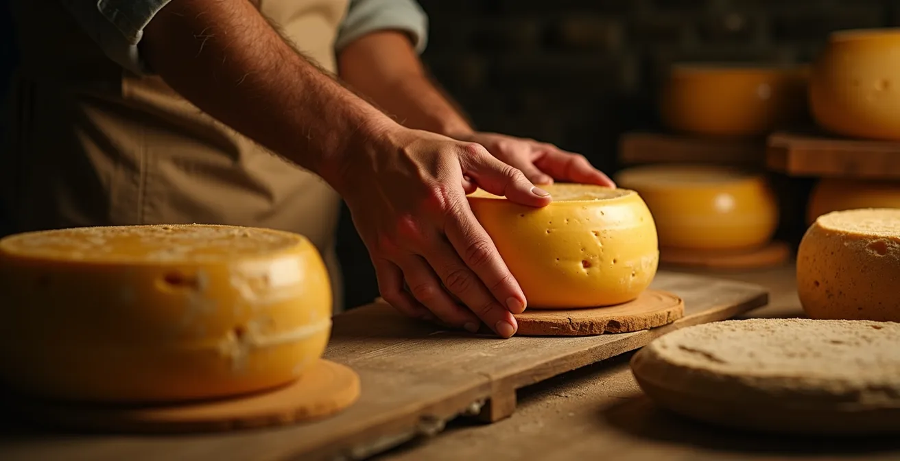 Cave d'affinage artisanale avec fromages sur planches d'épicéa dans une lumière tamisée