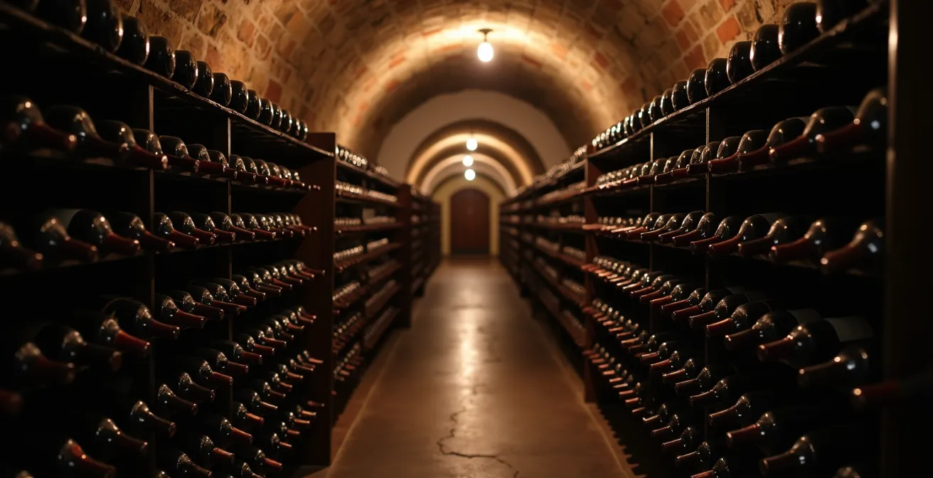 Cave à vin traditionnelle avec bouteilles couchées dans l'obscurité