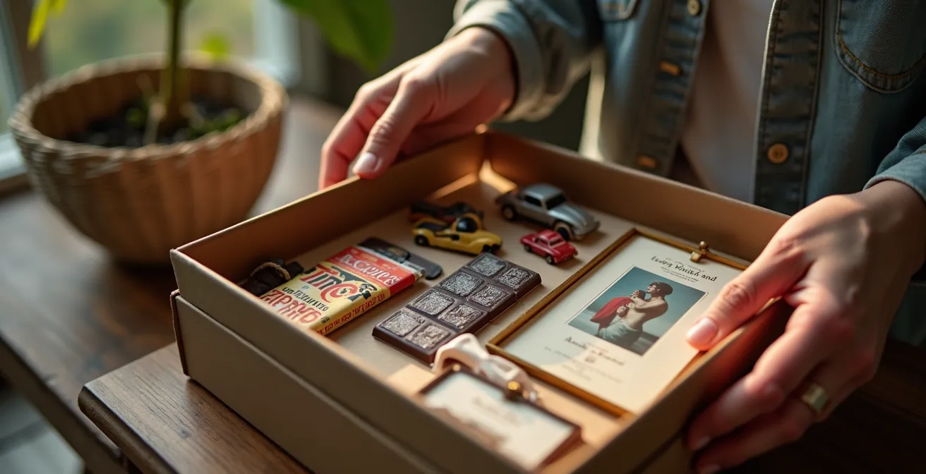 Coffret anniversaire mélangeant éléments nostalgiques et modernes