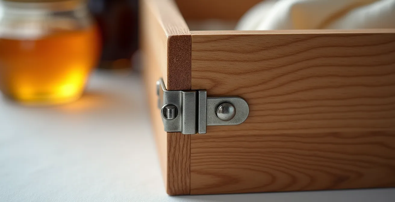 Détail d'un coffret en bois artisanal réutilisable avec produits gourmands