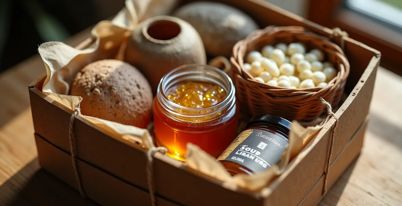 Coffret cadeau artisanal ouvert révélant des produits du terroir soigneusement arrangés