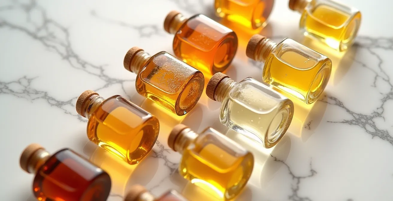 Vue macro de flacons échantillons de parfum avec différentes teintes ambrées, dorées et cristallines