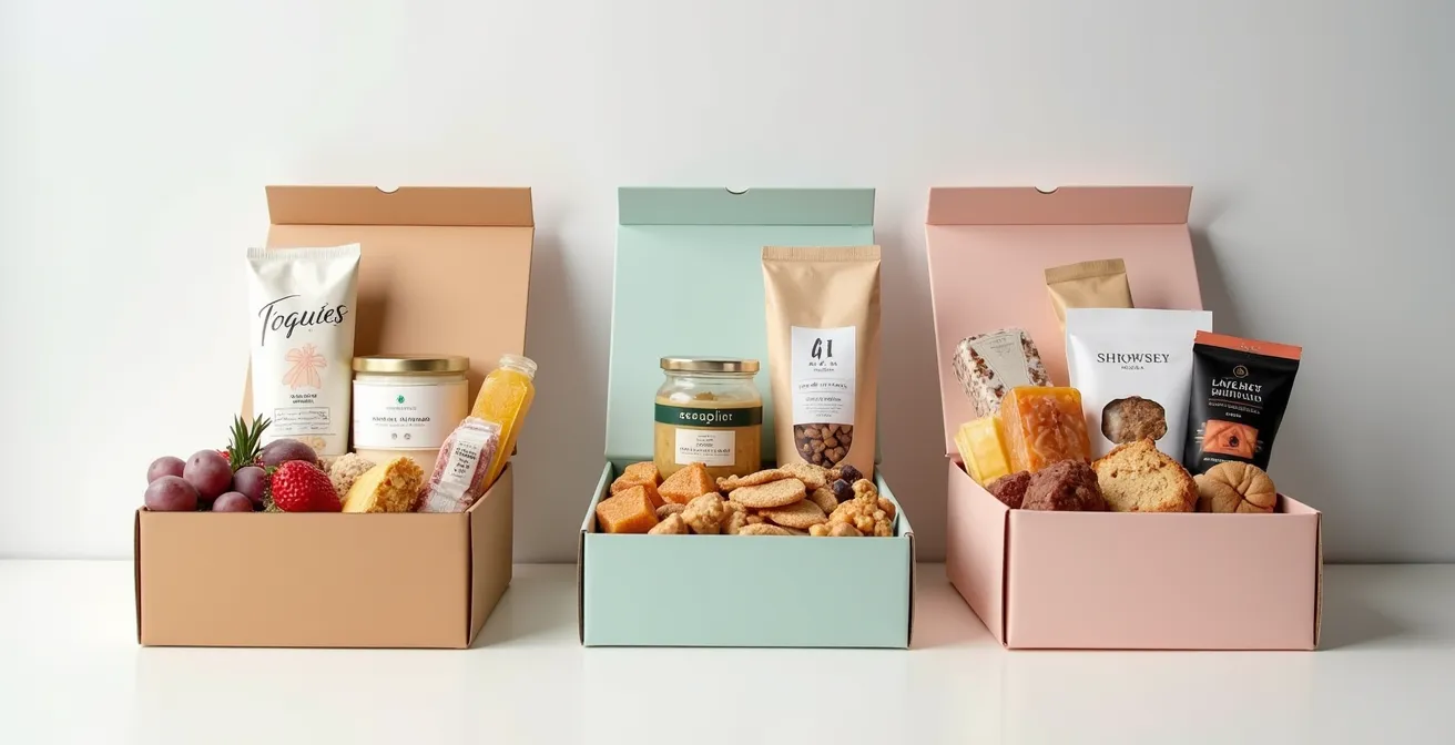 Trois coffrets cadeaux ouverts présentant des sélections de produits gourmands adaptées à différentes générations