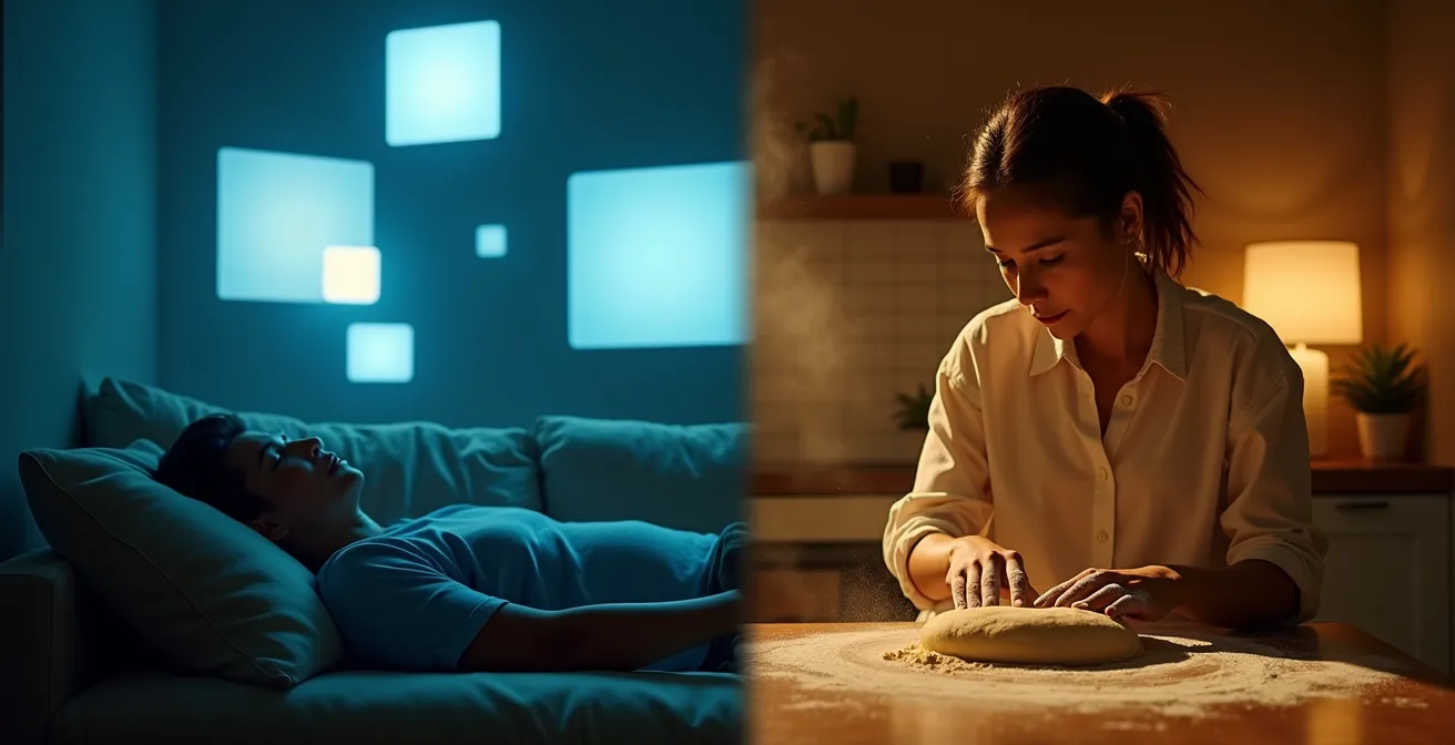 Comparaison visuelle entre détente active et passive montrant les effets sur le cerveau