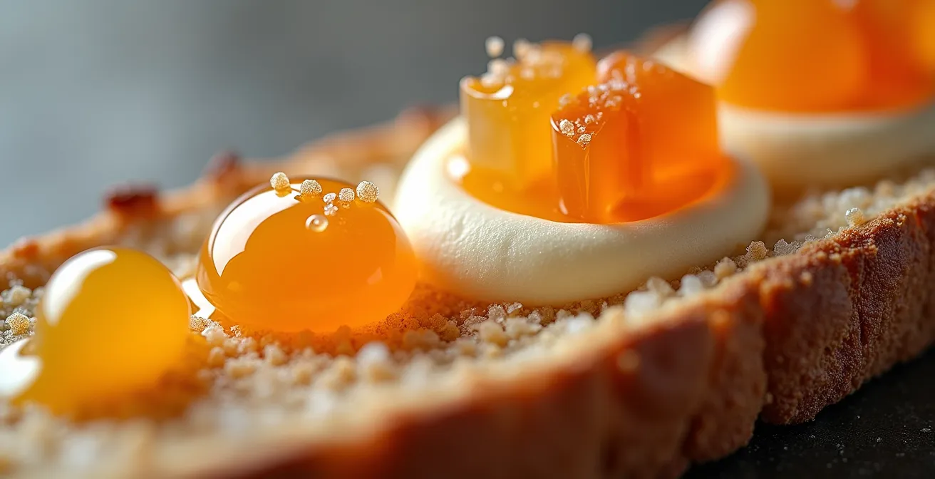 Vue macro de textures culinaires contrastées illustrant la progression sensorielle d'un repas