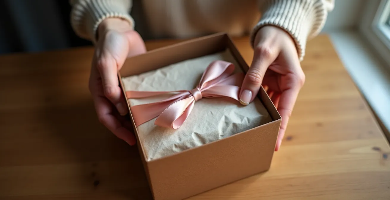 Vue en coupe d'un coffret cadeau révélant trois couches d'emballage progressives