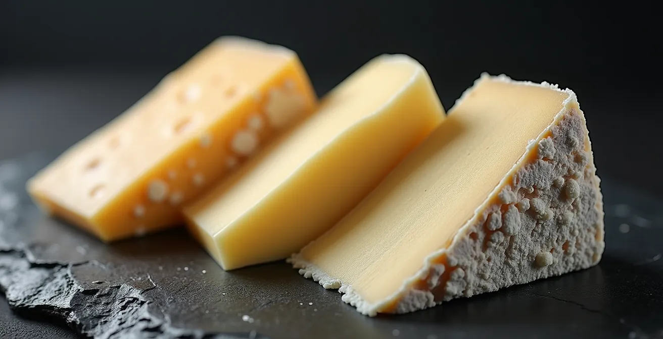 Plateau de dégustation avec trois fromages de terroirs différents et leurs caractéristiques visuelles