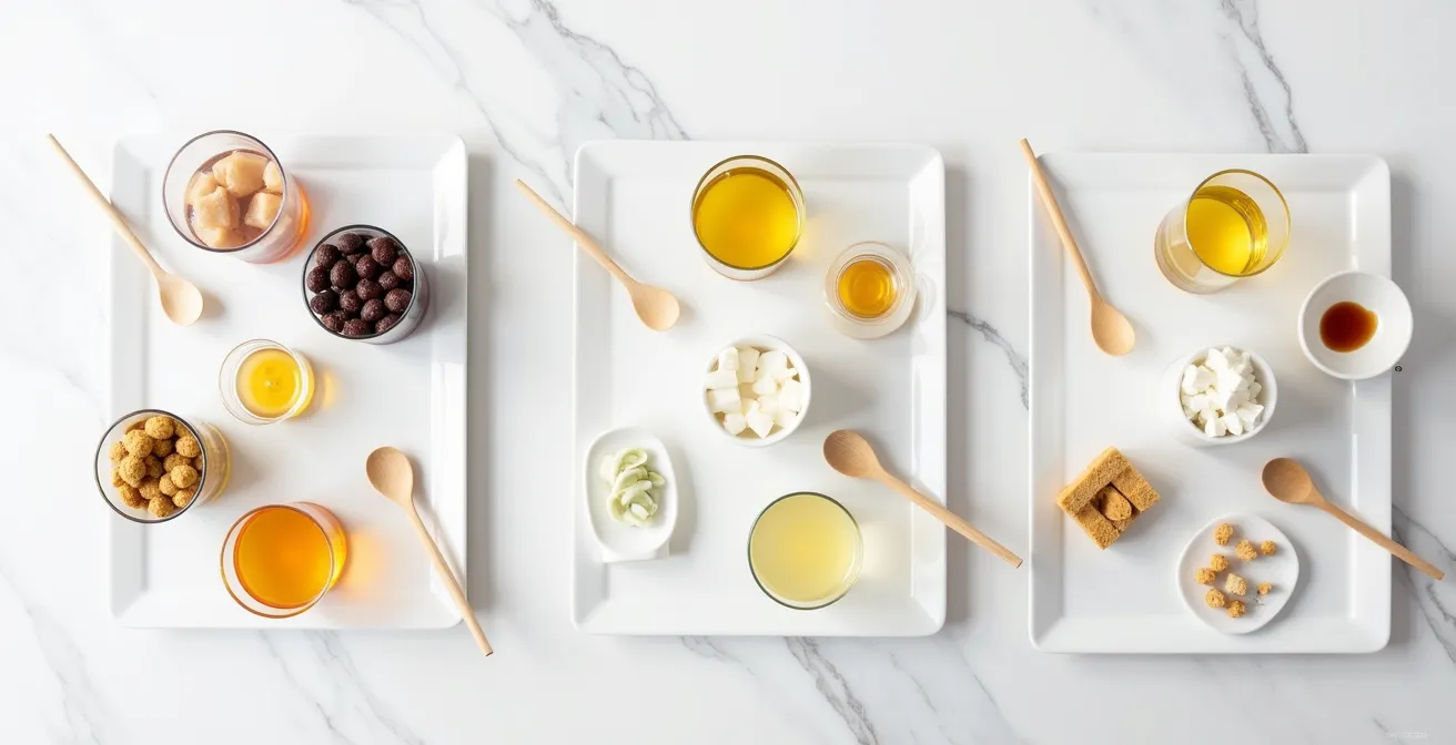 Scène de dégustation éducative avec trois niveaux de produits disposés pour comparaison