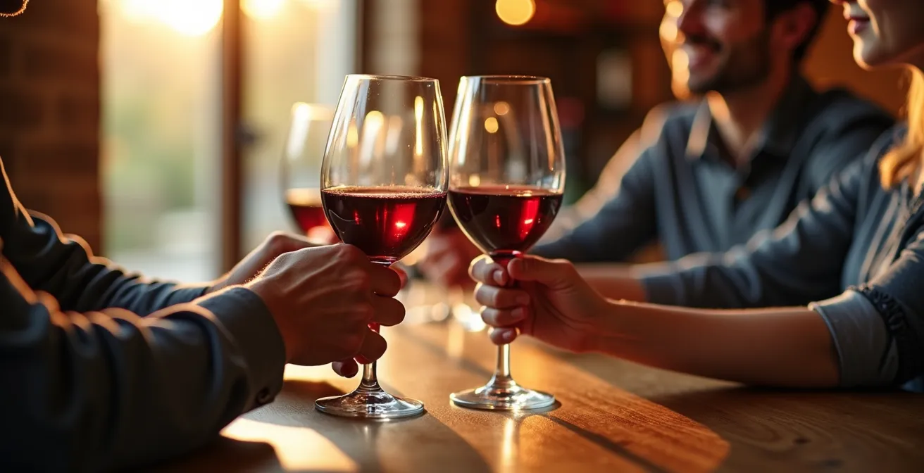 Table de dégustation élégante avec verres et bouteilles de vins de cépages rares
