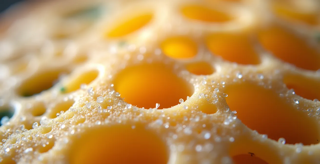 Vue macro détaillée de la texture d'un fromage artisanal avec ses cristaux de sel et sa croûte naturelle