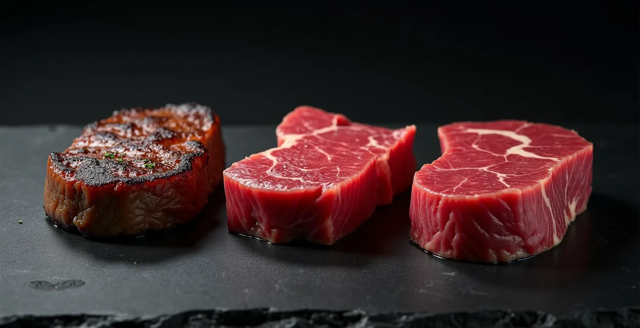 Diagramme visuel montrant l'enchaînement des erreurs de cuisson avec morceaux de viande à différents stades