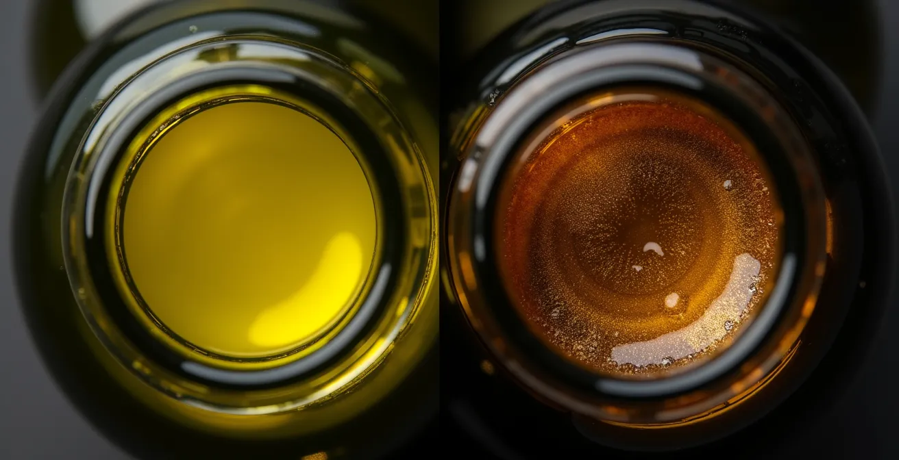 Comparaison visuelle entre bonne et mauvaise conservation d'huile d'olive
