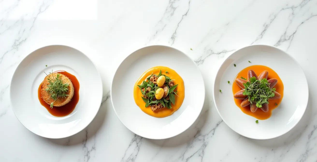 Composition minimaliste montrant l'évolution d'un plat traditionnel avec trois assiettes alignées dans un espace épuré