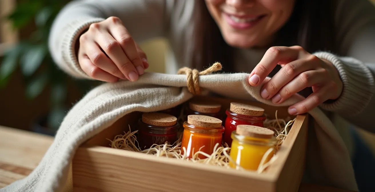 Personne ouvrant délicatement un coffret artisanal de condiments avec émerveillement