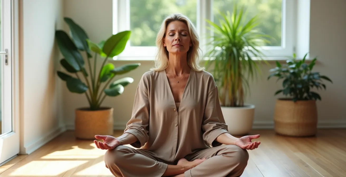 Femme sereine en position de méditation dans un espace épuré avec plantes vertes