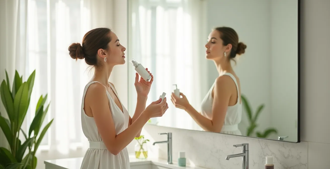 Femme appliquant délicatement un soin sur son visage dans une salle de bain épurée