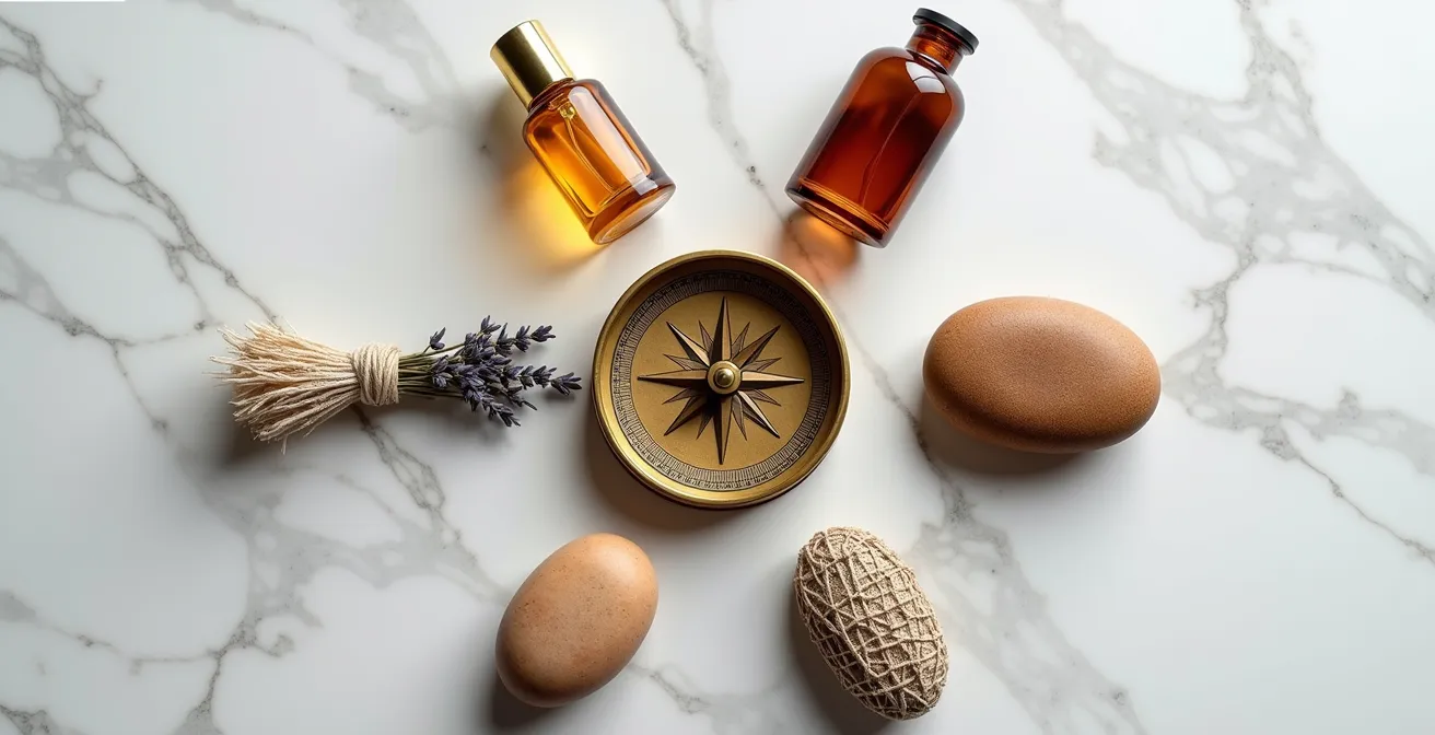 Arrangement harmonieux de cinq produits artisanaux stimulant différents sens dans une composition équilibrée