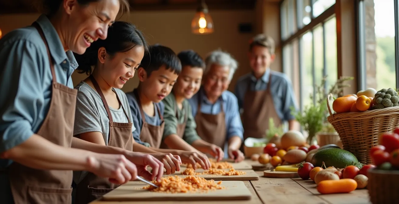 Participants actifs dans un événement gastronomique régional, préparant de la nourriture traditionnelle avec concentration et joie.