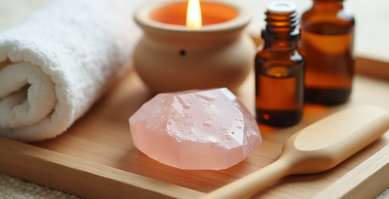 Kit spa maison avec diffuseur d'huiles essentielles, gua sha et accessoires bien-être disposés sur plateau en bois