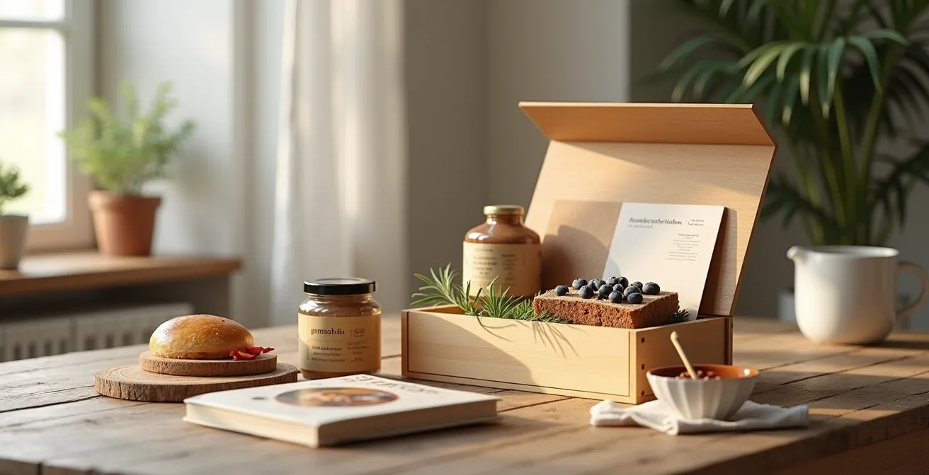 Mise en scène minimaliste d'un coffret ouvert avec carnet de recettes artisanal