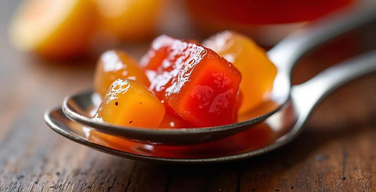 Vue macro détaillée de la texture d'une confiture artisanale avec morceaux de fruits visibles