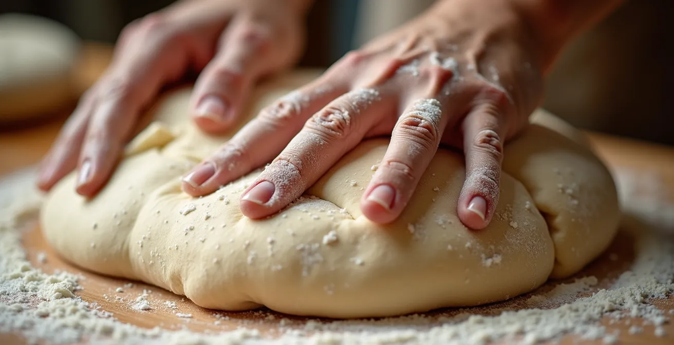 Gros plan sur des mains pétrissant de la pâte à pain avec détails de texture