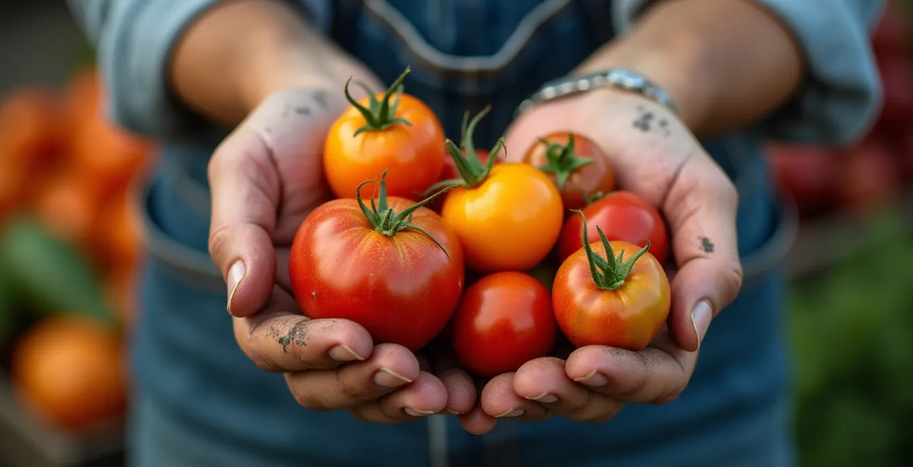 Producteur local présentant ses produits artisanaux sur un marché traditionnel français