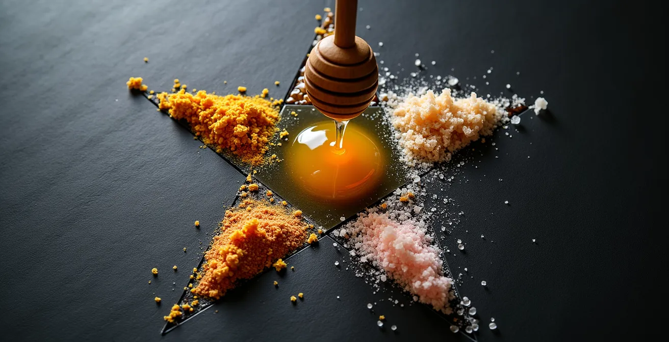 Tableau visuel de connexions entre cinq ingrédients de base et leurs transformations multiples