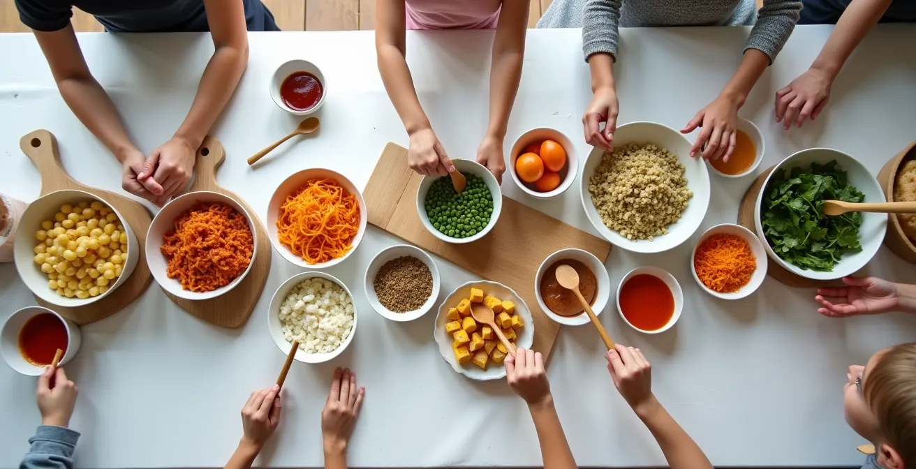 Table de buffet familial avec stations de personnalisation et différentes générations se servant