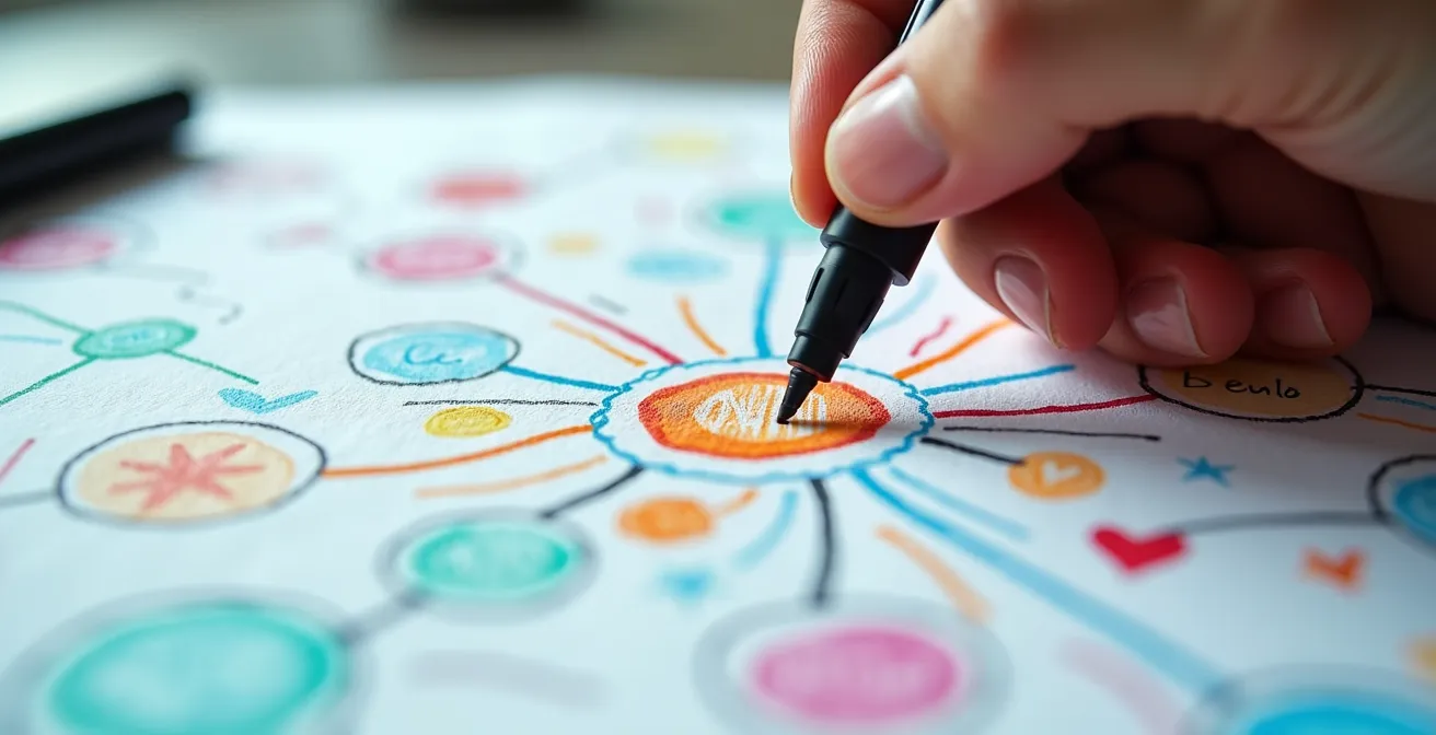 Vue macro de mains créant une carte mentale colorée avec des branches d'idées interconnectées