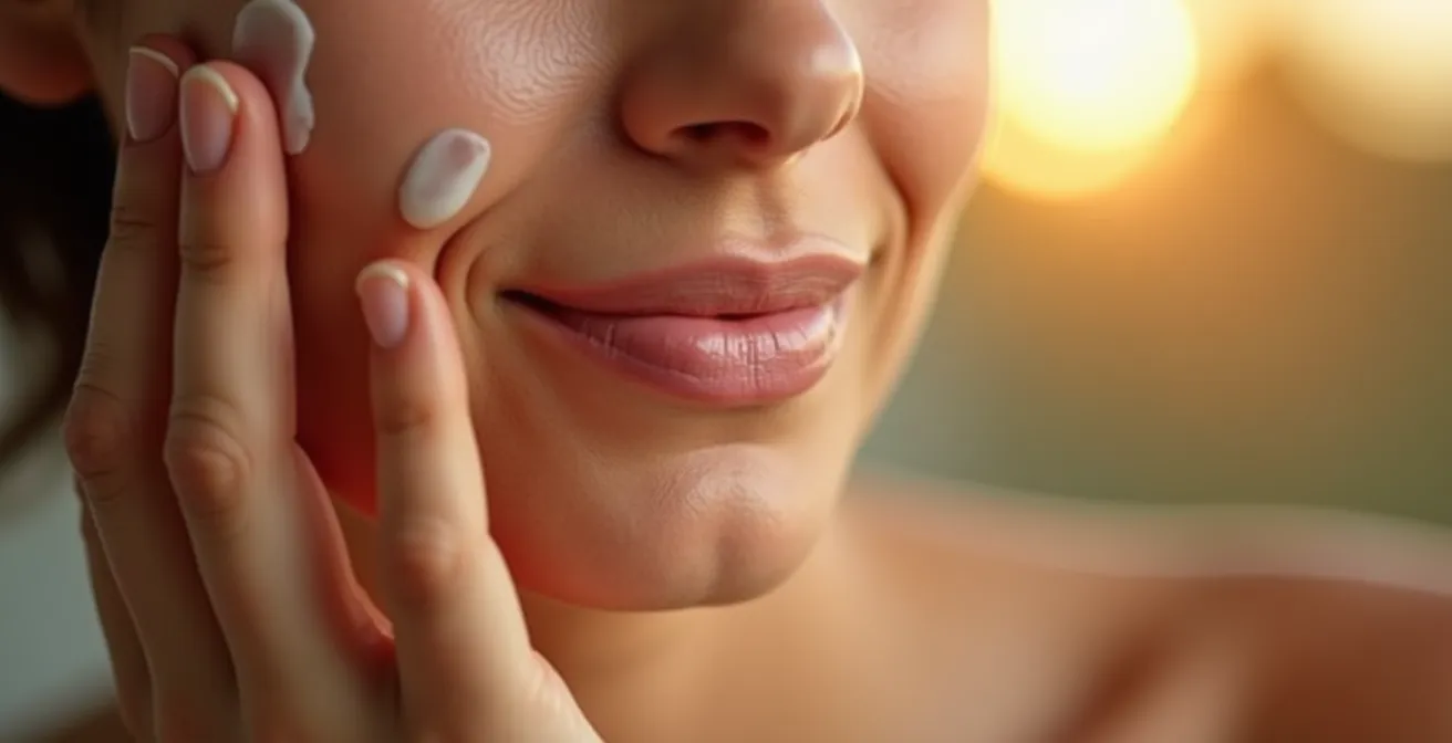 Détail macro d'une main appliquant délicatement une crème sur le visage dans un geste de soin conscient