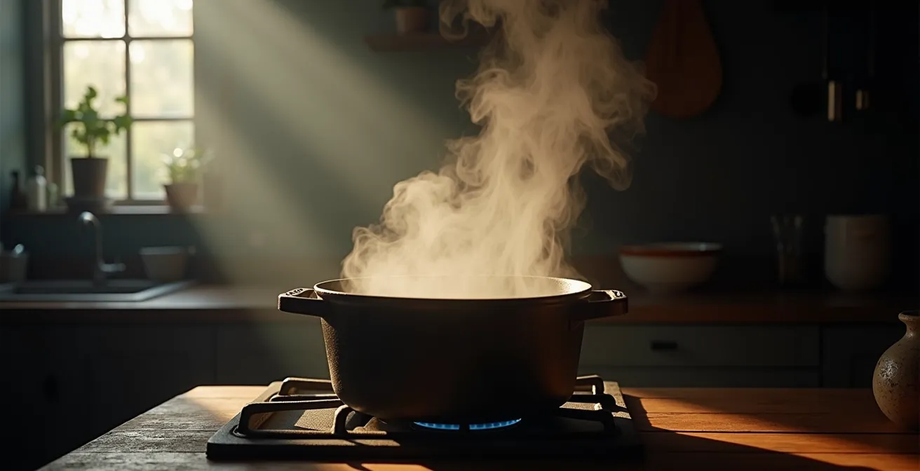 Vue atmosphérique d'une cuisine avec vapeur s'échappant d'une cocotte sur feu doux