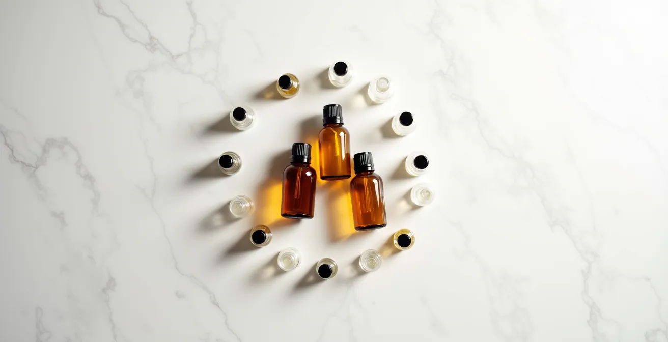 Diagramme circulaire montrant le concept noyau et satellites avec trois produits centraux et des options périphériques