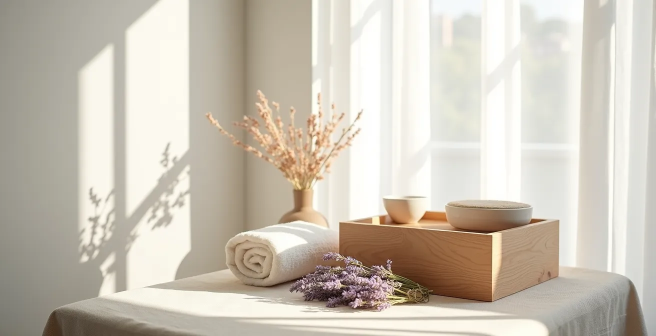 Vue d'ensemble minimaliste d'un espace de bien-être avec des éléments naturels et un coffret beauté en bois