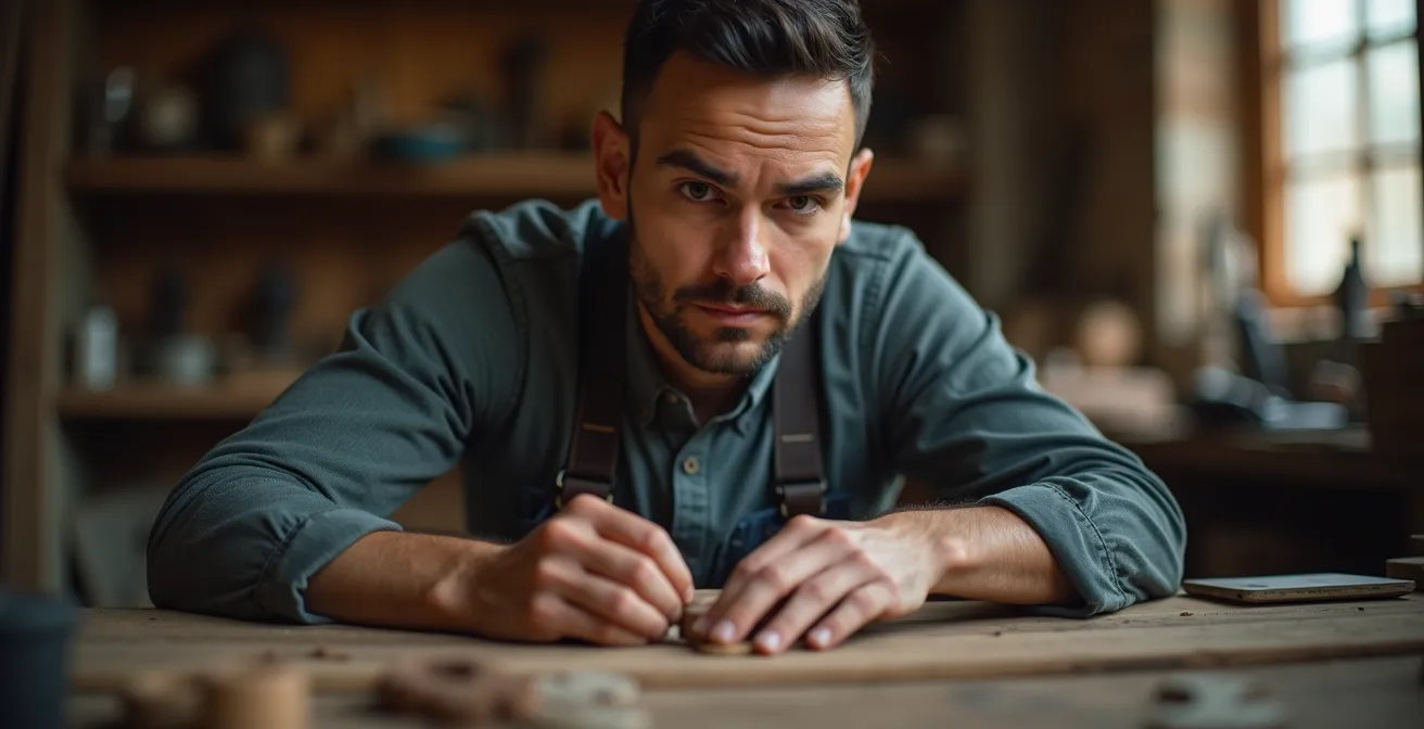 Jeune artisan en reconversion travaillant dans son atelier moderne