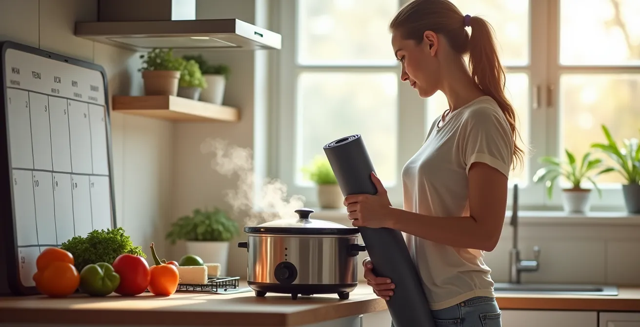 Cuisine moderne avec mijoteuse programmable et planning sur tableau