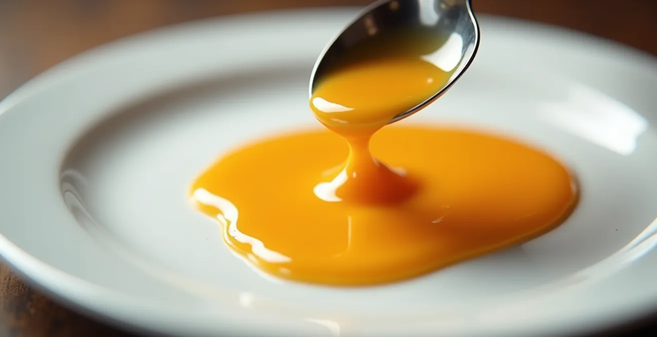 Vue macro d'une cuillère versant délicatement une sauce brillante sur une assiette
