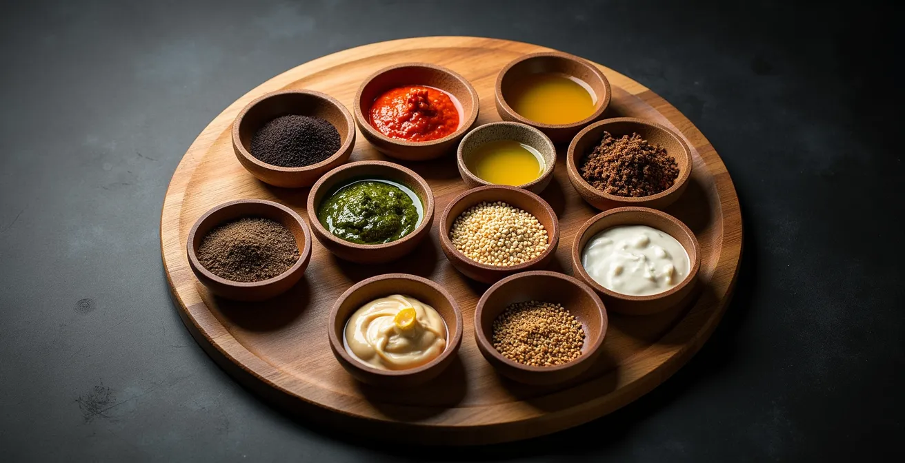 Vue d'ensemble de huit condiments artisanaux essentiels arrangés comme une palette de peintre