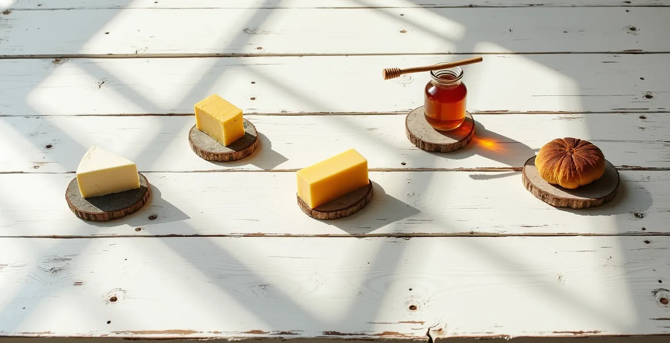 Vue aérienne d'une table avec produits disposés selon une carte de France stylisée