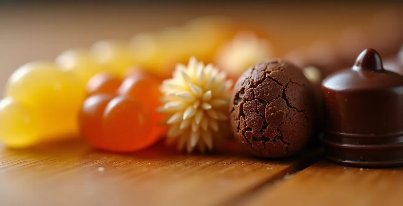 Arrangement élégant de produits gastronomiques créant un parcours visuel de dégustation